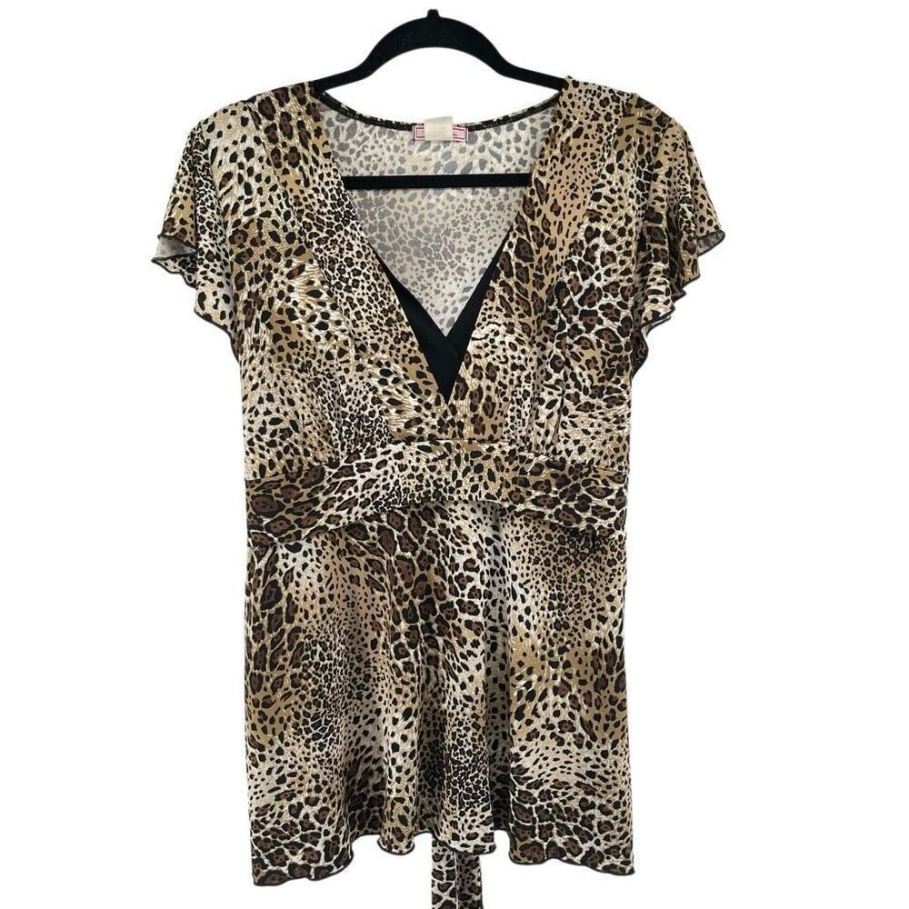 Vol.1 Woman 1X Animal Print Flutter Sleeve Tie Waist Office Blouse Plus Size